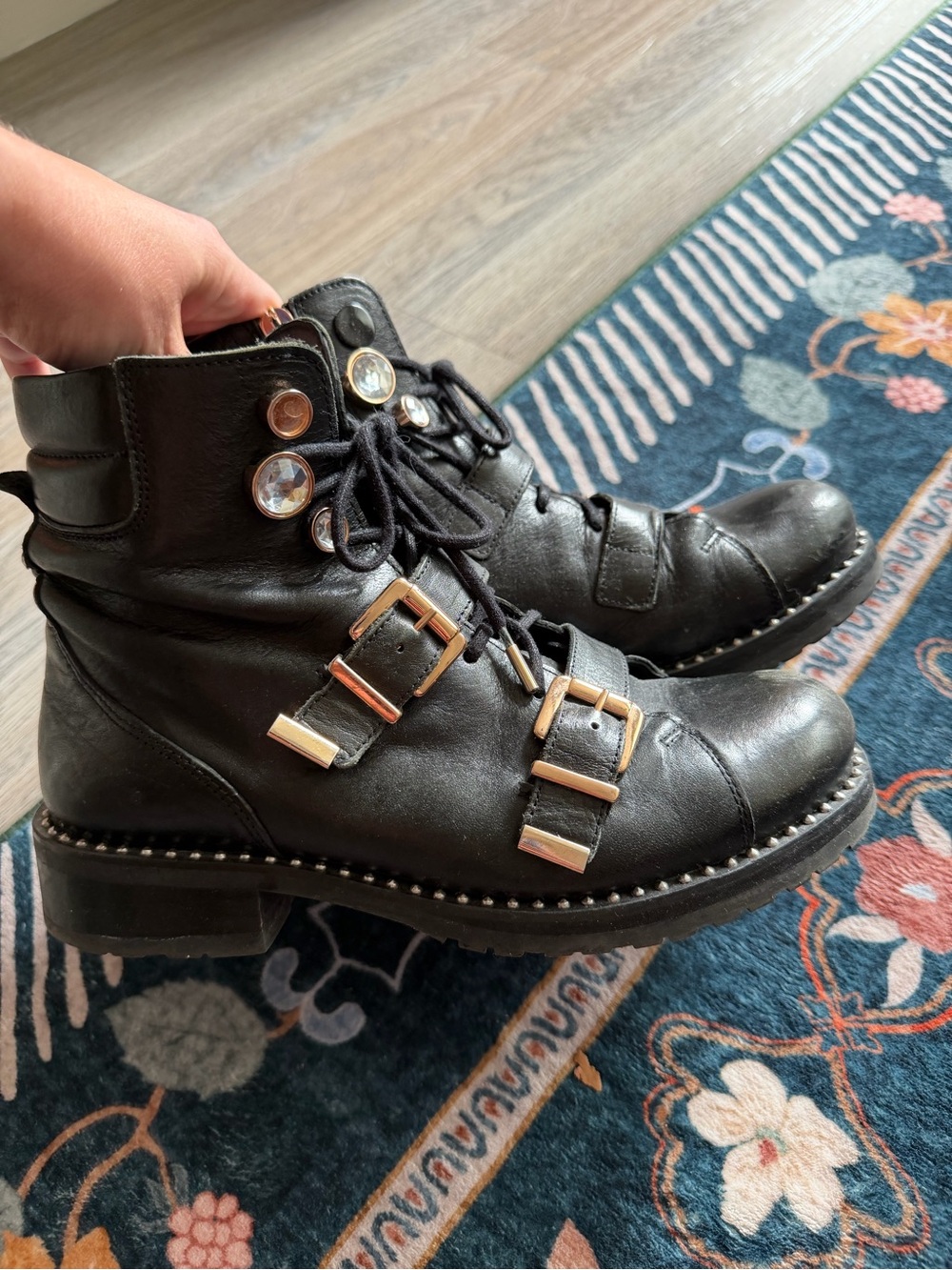 Sophia Webster Ziggy Black Leather Combat Boots with Gold Buckles